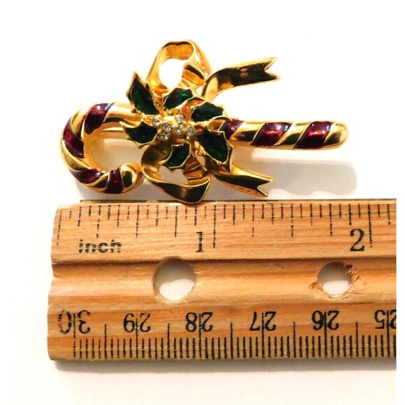 Christmas Candy Cane Enamel Brooch 2 In Clear Rhinestones Festive Bow Gold Tone - Picture 3 of 4